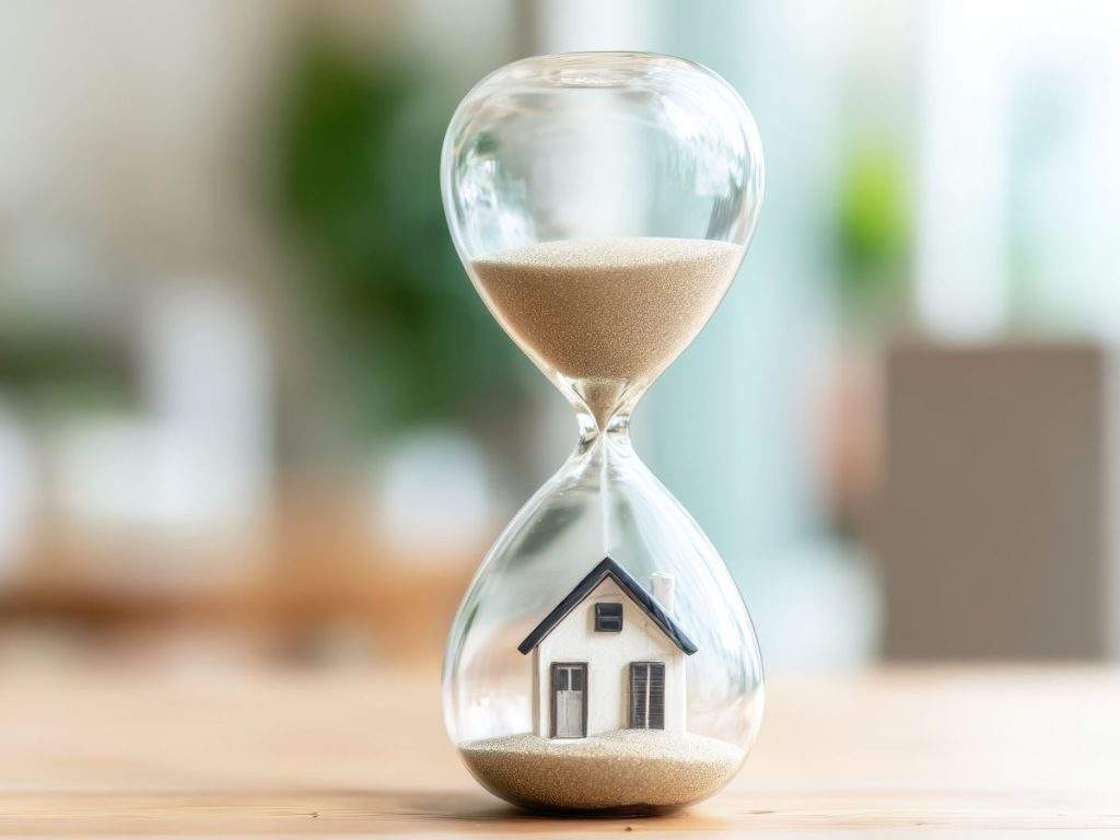 Hourglass with sand flowing, representing time passing for home ownership, real estate investment, and financial planning